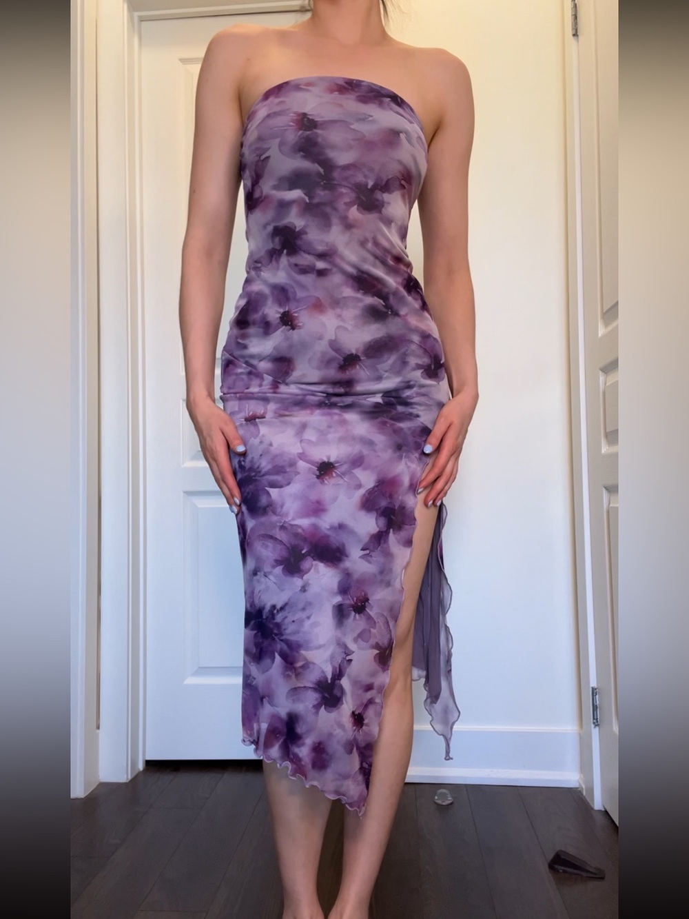 Urban Outfitters Mesh Strapless Purple Floral Midi Dress with Slit